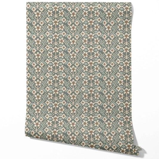 Modern Botanical Floral Traditional Wallpaper (Forest Green / Beige)