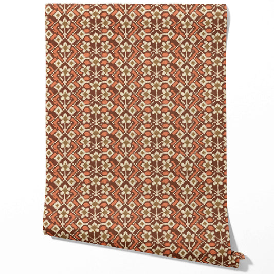 Modern Botanical Floral Traditional Wallpaper (Brown/ Orange/ Beige)