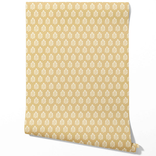 Vintage-Inspired Botanical Floral Block Print Traditional Wallpaper (Yellow/ Cream)