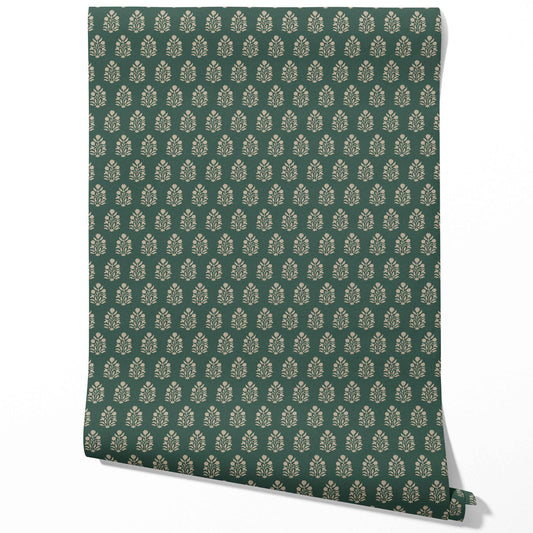 Vintage-Inspired Botanical Floral Block Print Traditional Wallpaper (Green/ Beige)
