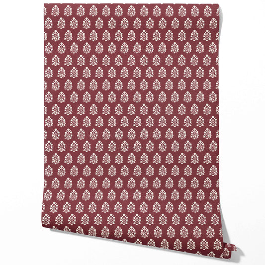 Vintage-Inspired Botanical Floral Block Print Traditional Wallpaper (Red/ White)
