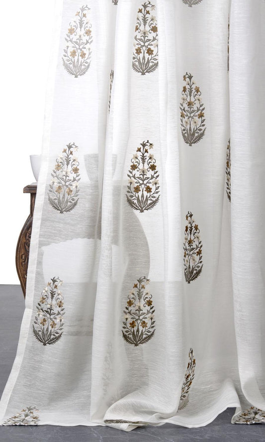 Floral Sheer Home Décor Fabric By the Metre (White/ Grey/ Brown)