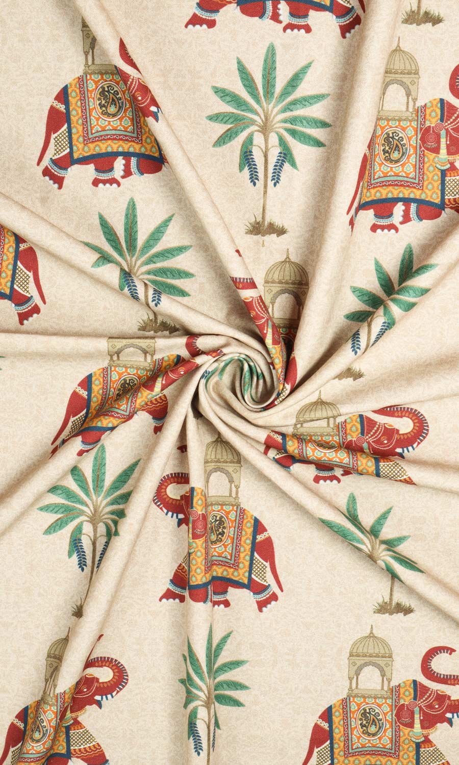 Elephant Print Cotton Window Treatments Fabric By the Metre (Ivory/ Red/ Green)