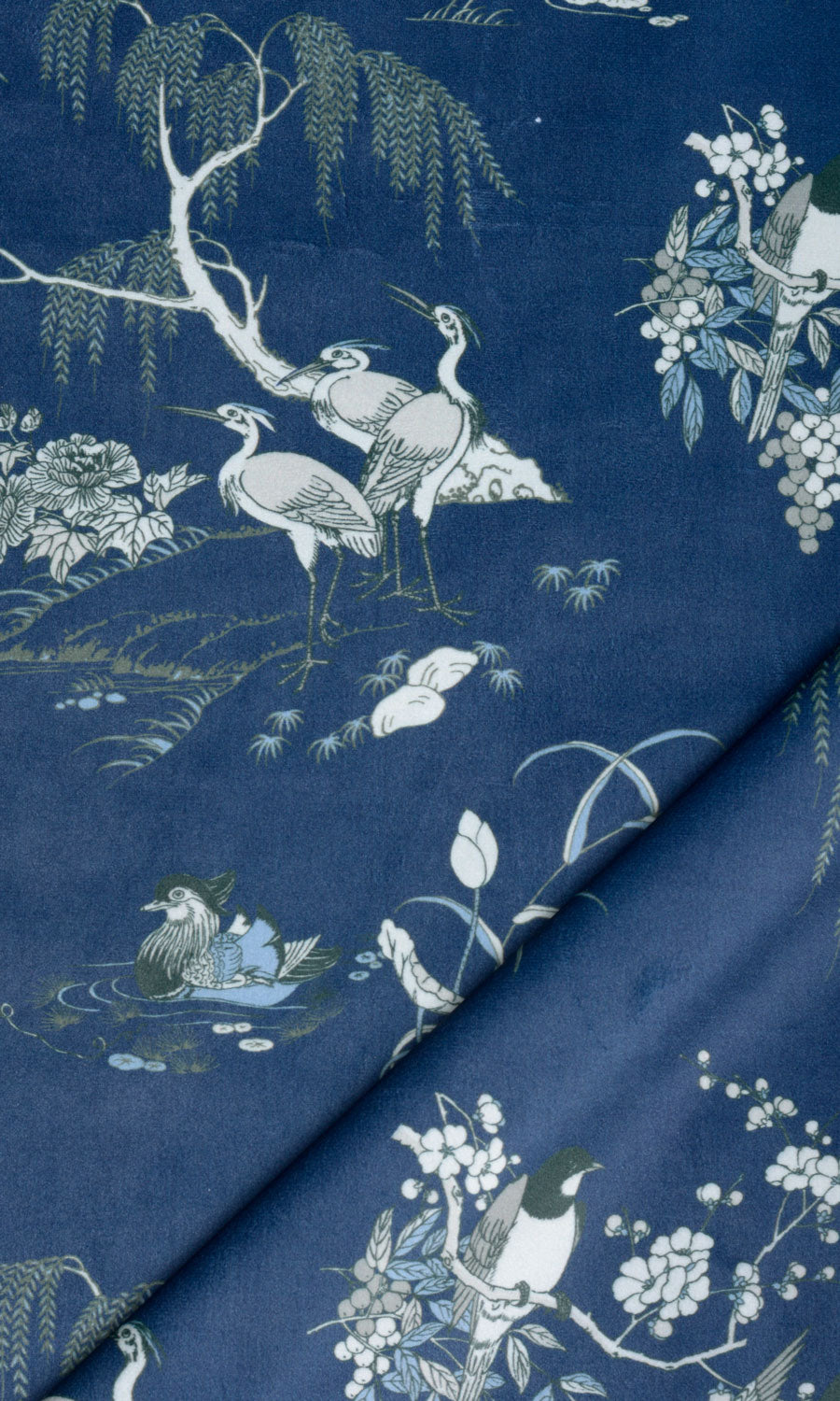 Chinoiserie Toile Velvet Flat, Plain, Fake, Faux, European Relaxed Roman Blinds (Navy Blue)