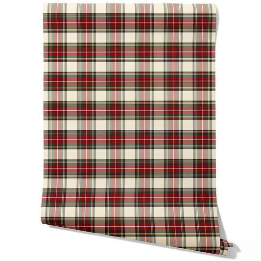 Geometric Plaid Checkered Traditional Wallpaper (Red/ Cream/ Green/ Yellow)