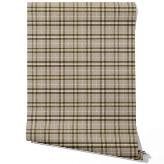 Geometric Plaid Checkered Traditional Wallpaper (Gray/ Cedar Brown)