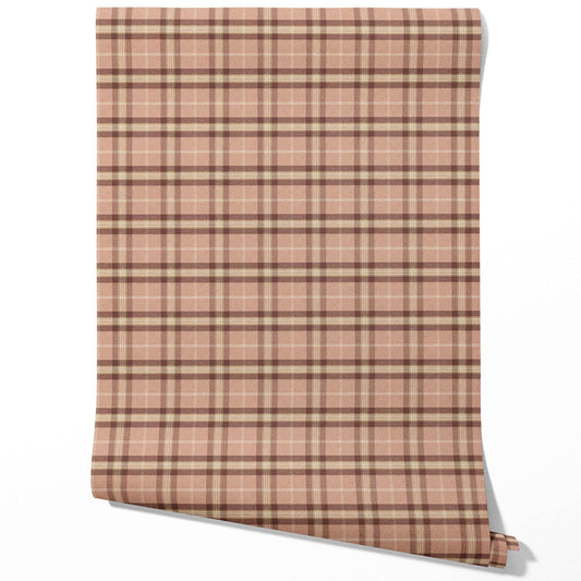 Geometric Plaid Checkered Traditional Wallpaper (Blush Rose Pink/ Brown/ Beige)