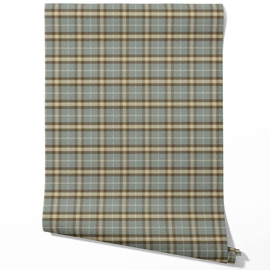 Geometric Plaid Checkered Traditional Wallpaper (Blue-Gray/ Brown)