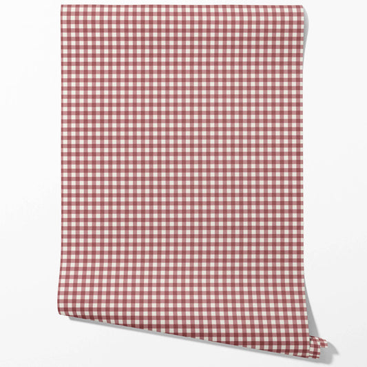 Geometric Gingham Checkered Traditional Wallpaper (Cranberry Red)