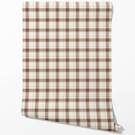 Geometric Plaid Checkered Traditional Wallpaper (Brown/ Off-White)
