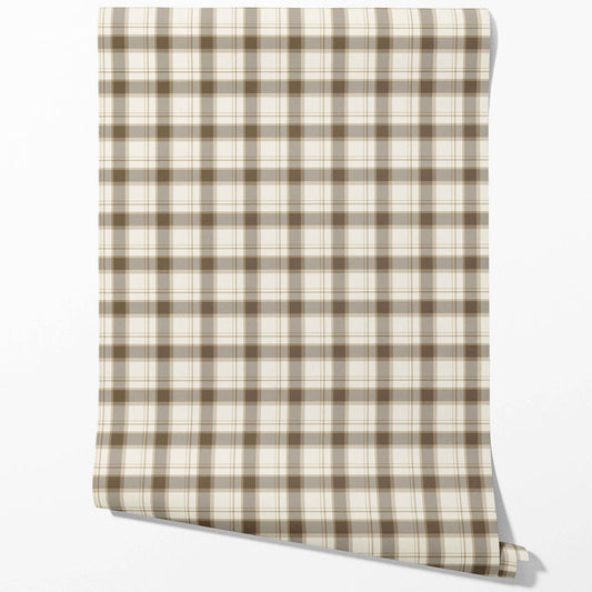 Neutral Geometric Plaid Checkered Traditional Wallpaper (Mocha Brown/ Beige/ Off-White)