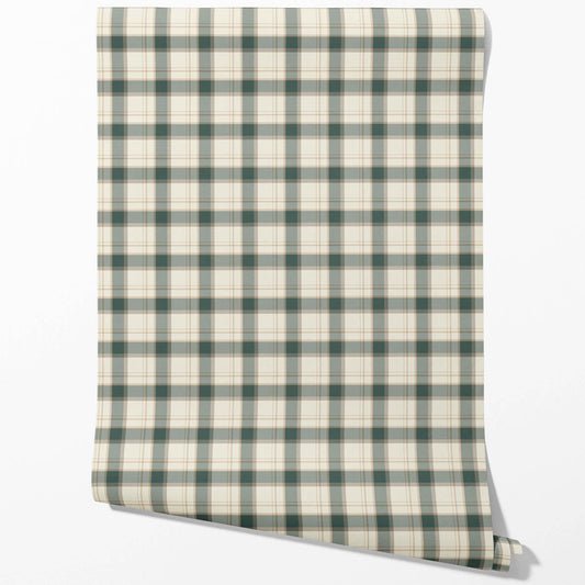 Geometric Plaid Checkered Traditional Wallpaper (Teal Green/ Beige/ Off-White)