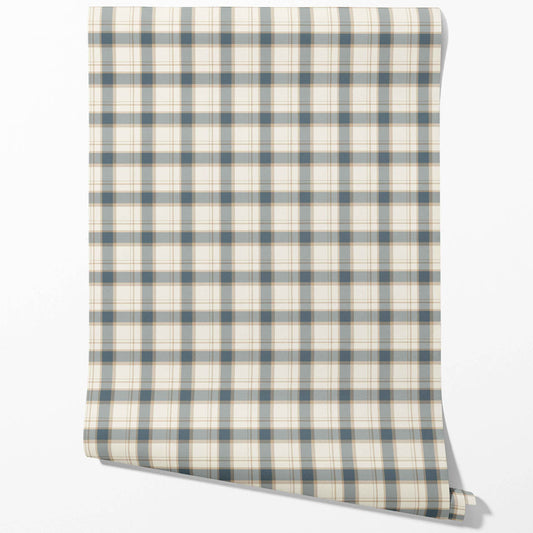 Neutral Geometric Plaid Checkered Traditional Wallpaper (Teal Blue/ Off-White/ Beige)