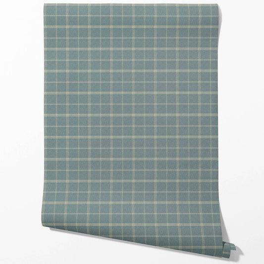 Geometric Plaid Checkered Traditional Wallpaper (Teal Blue/ Gray)