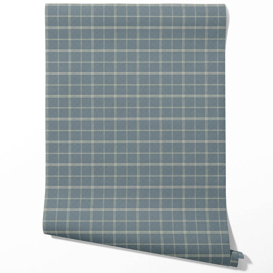 Neutral Geometric Plaid Checkered Traditional Wallpaper (Slate Blue)