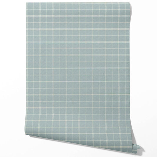 Geometric Plaid Checkered Traditional Wallpaper (Duck Egg Blue)