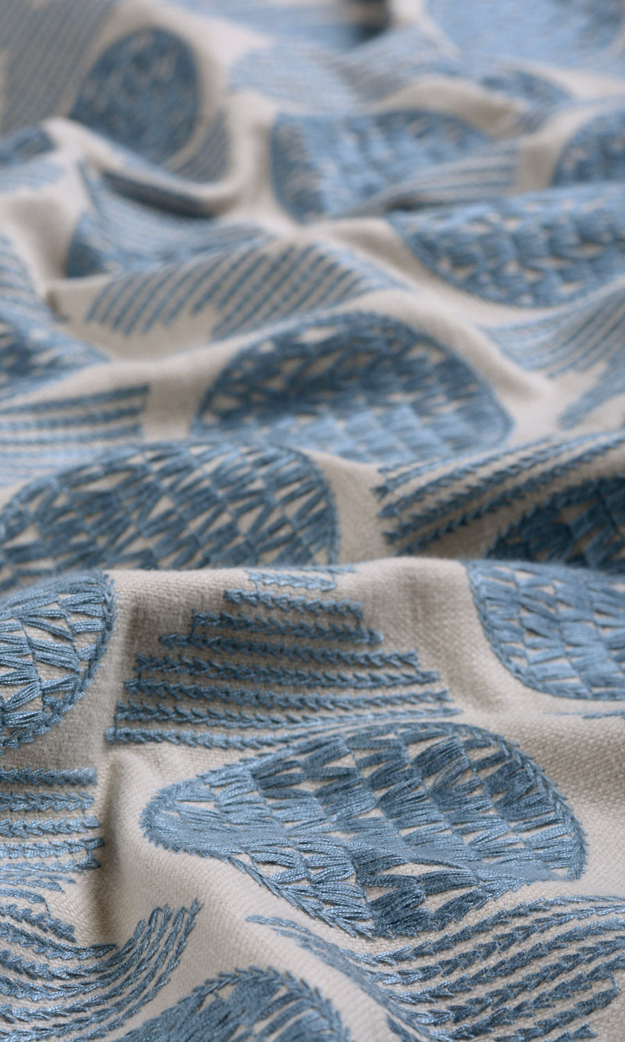 Embroidered Cotton Fabric Sample for Roman Blinds & Shades (Beige/ Steel Blue)