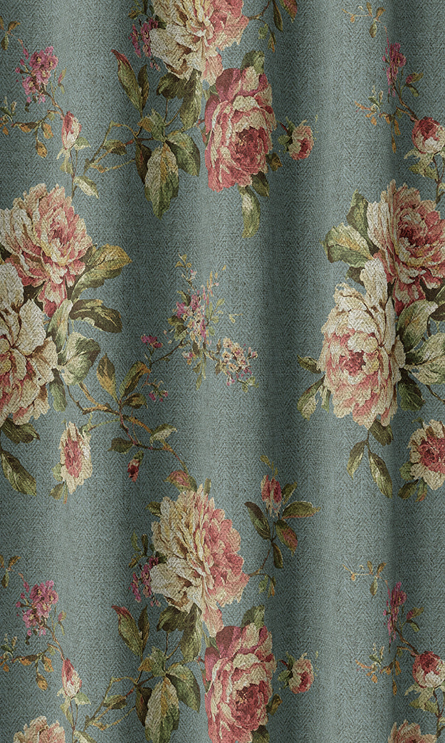 Floral Country Home Textile Fabric Material Sample (Blue & Pink)