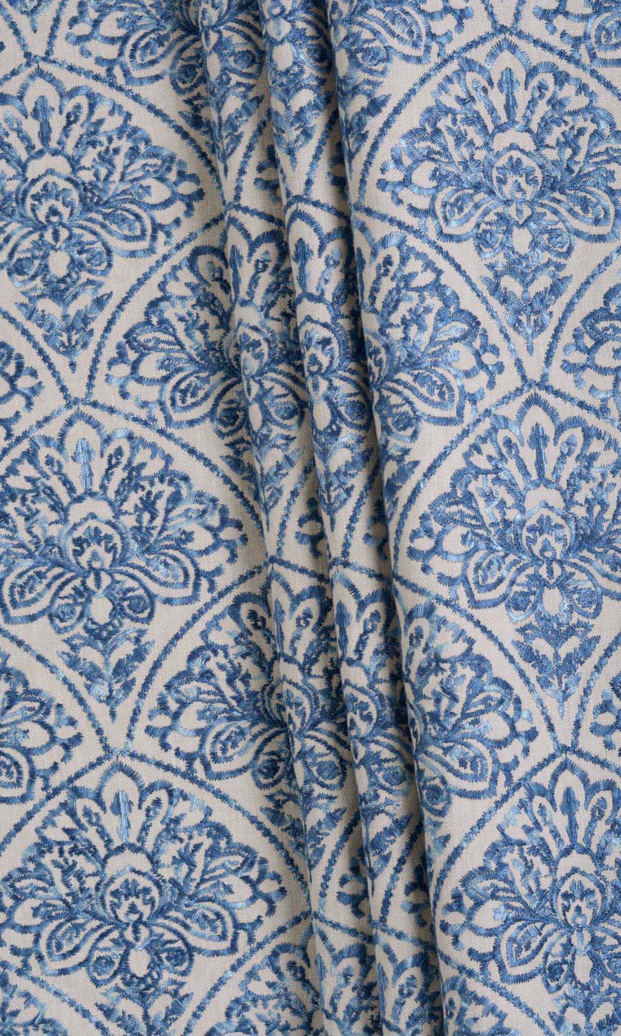 Embroidered Roman Blinds (Pale Beige/ Ink Blue) Extra Long Short Wide
