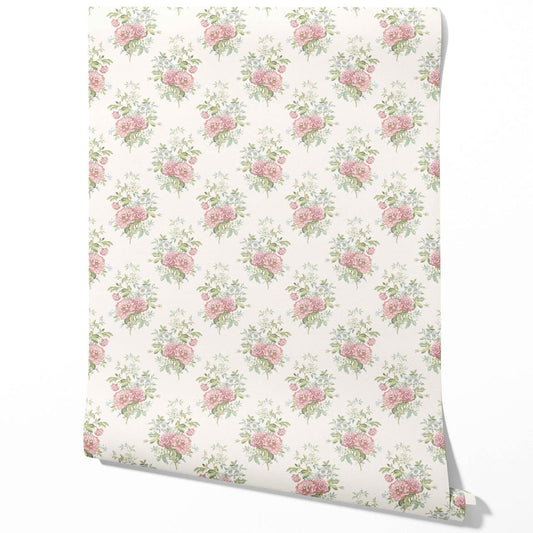 Floral Block Print Traditional Wallpaper (Cream/ Soft Pink/ Green/ Duck Egg Blue)