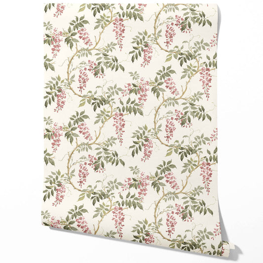Floral Vine/ Botanical Patterned Traditional Wallpaper (Cream/ Pink/ Green)