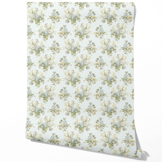 Patterned Floral Block Print Traditional Wallpaper (Blue/ Green/ Yellow)