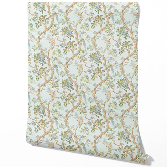 Floral/ Bird Print Chinoiserie Traditional Wallpaper (Duck Egg Blue/ Green/ Brown)