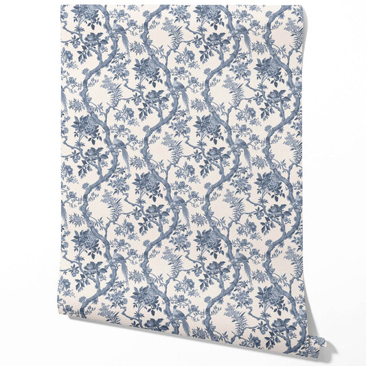 Floral Toile/ Bird Print Chinoiserie Traditional Wallpaper (Navy Blue/ Off-White)