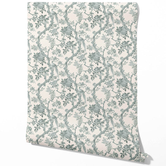Floral Toile/ Bird Print Chinoiserie Traditional Wallpaper (Gray-Green)