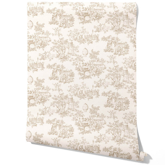 Toile de Jouy/ Nature Print Traditional Wallpaper (Beige/ Brown/ Taupe)