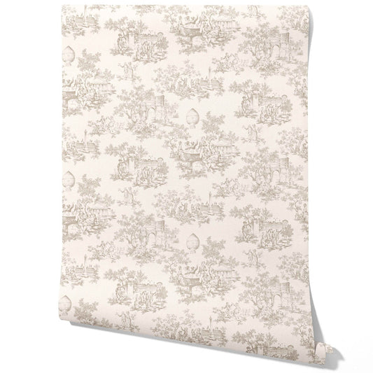 Toile de Jouy/ Nature Print Traditional Wallpaper (Beige/ Greige/ Off-White)