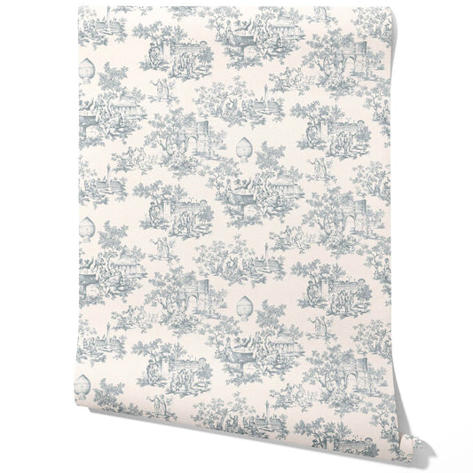 Toile de Jouy/ Nature Print Traditional Wallpaper (Blue/ Gray/ Off-White)