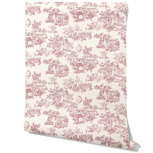 Toile de Jouy/ Nature Print Traditional Wallpaper (Pink/ Off-White)