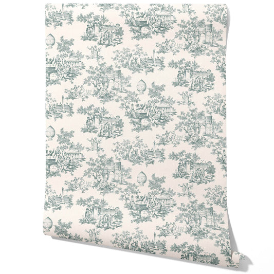 Toile de Jouy/ Nature Print Traditional Wallpaper (Duck Egg Blue/ Off-White)