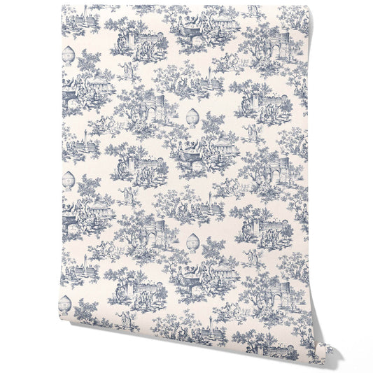 Toile de Jouy/ Nature Print Traditional Wallpaper (Navy Blue/ Off-White)