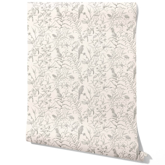Birds Print/ Botanical Traditional Wallpaper (Gray/ Off-White)