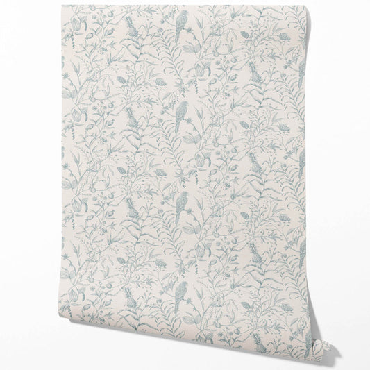 Birds Print/ Botanical Traditional Wallpaper (Duck Egg Blue/ Off-White)