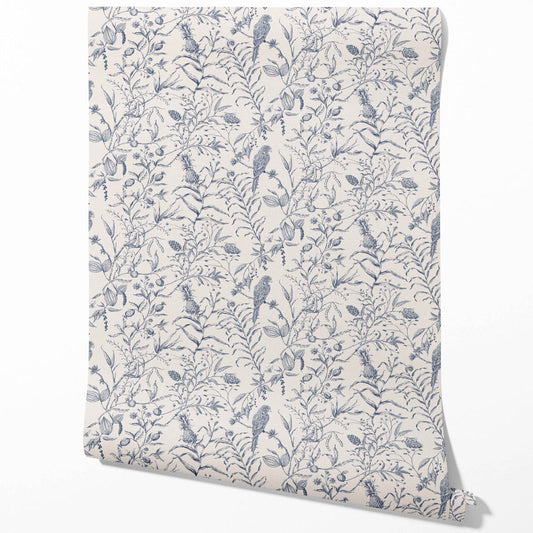 Birds Print/ Botanical Traditional Wallpaper (Navy Blue)