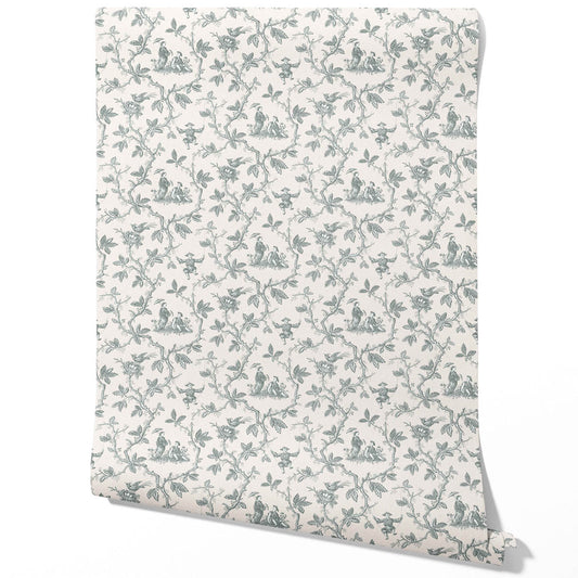 Floral Toile de Jouy Traditional Wallpaper (Blue-Gray/ Off-White)