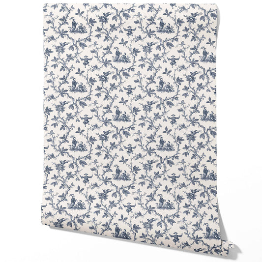 Floral Toile de Jouy Traditional Wallpaper (Navy Blue/ Off-White)