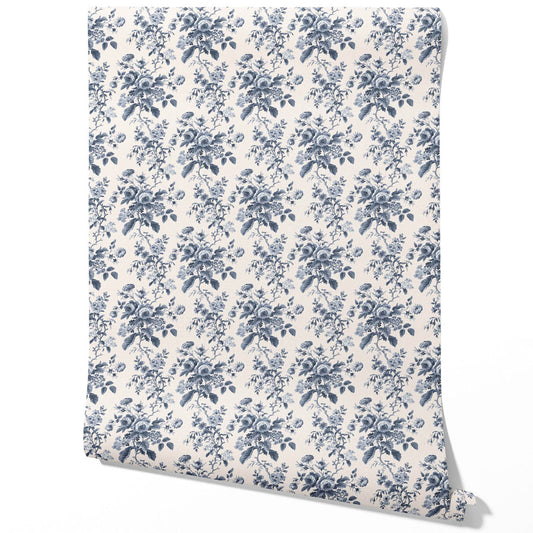 Vintage-Inspired Floral Toile/ Botanical Traditional Wallpaper (Vintage Blue/ Slate Blue)