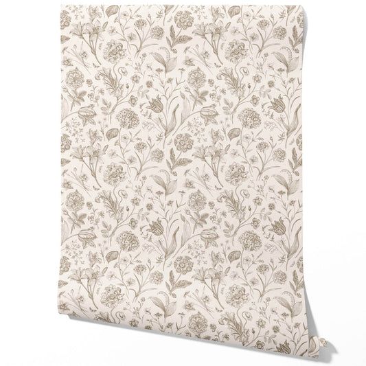 Neutral Floral/ Botanical Traditional Wallpaper (Greige/ Beige/ Warm Gray)