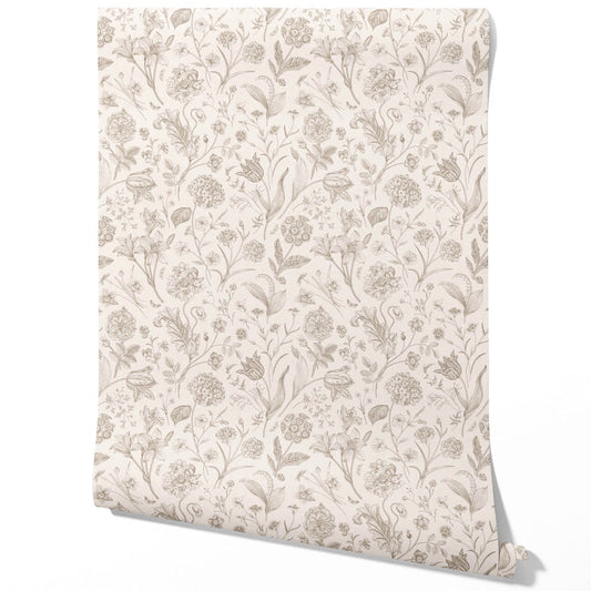 Neutral Floral/ Botanical Traditional Wallpaper (Beige/ Soft Taupe)