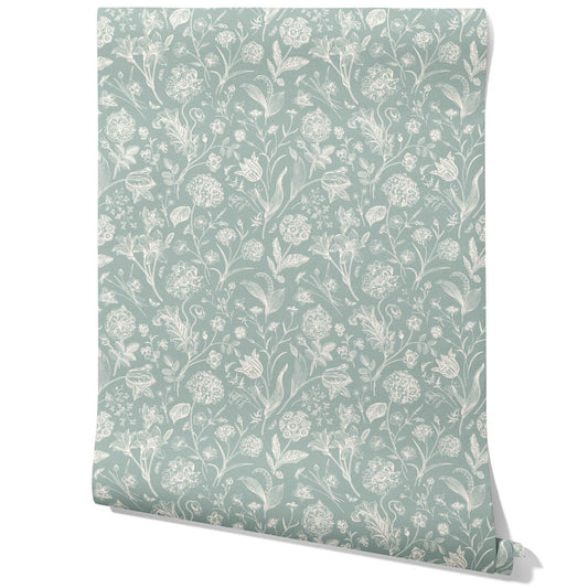 Floral/ Botanical Traditional Wallpaper (Cadet Blue/ Mint Gray/ Cream)