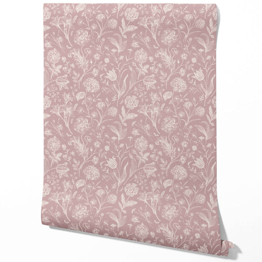 Floral/ Botanical Traditional Wallpaper (Dusky Pink/ Cream)