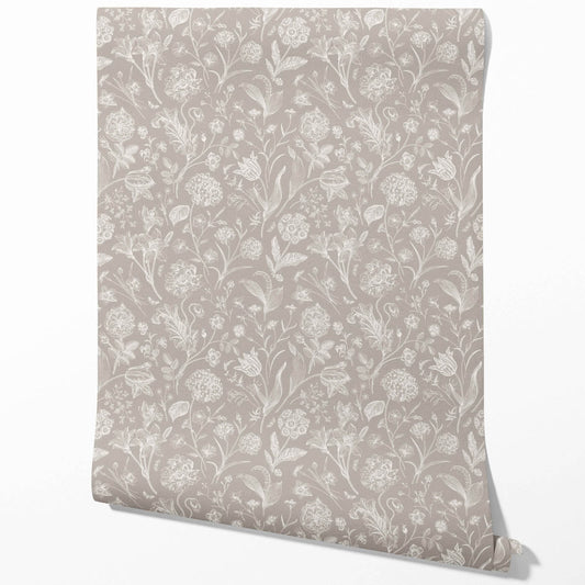 Neutral Floral/ Botanical Traditional Wallpaper (Greige/ Warm Gray/ Taupe)