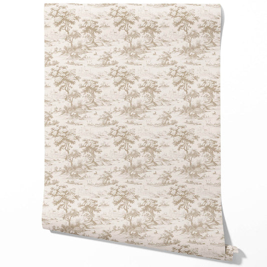 Floral Toile de Jouy Nature Print Traditional Wallpaper (Beige/ Brown/ Taupe)