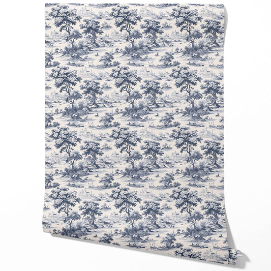 Floral Toile de Jouy Nature Print Traditional Wallpaper (Navy Blue)