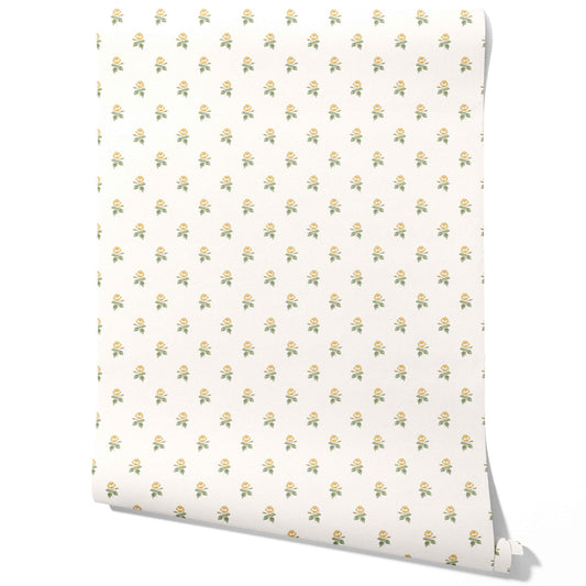 Vintage-Inspired Floral Block Print Traditional Wallpaper (Yellow/ Green/ White)