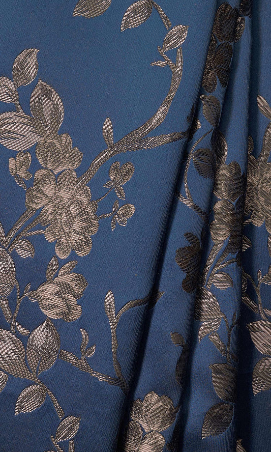 Floral Embossed Home Décor Fabric By the Metre (Navy Blue/ Steel Gray)